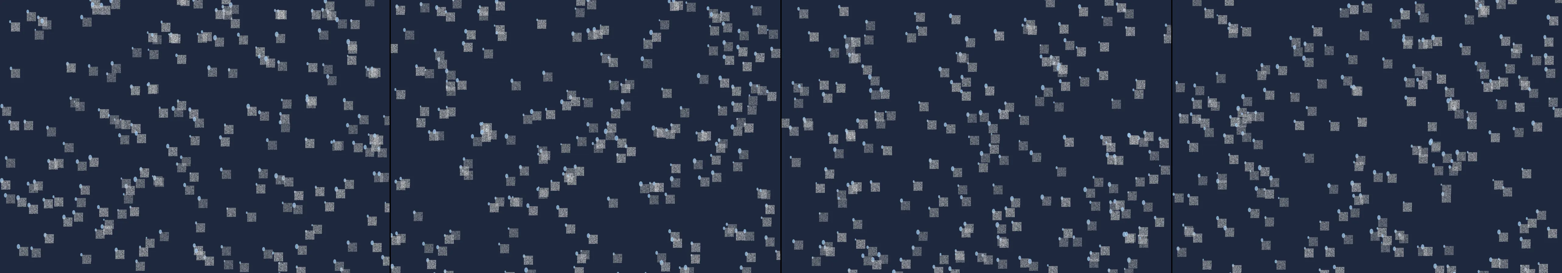 four frames from rain on a window where each drop holds a tiny upside-down city under a synthetic pointer