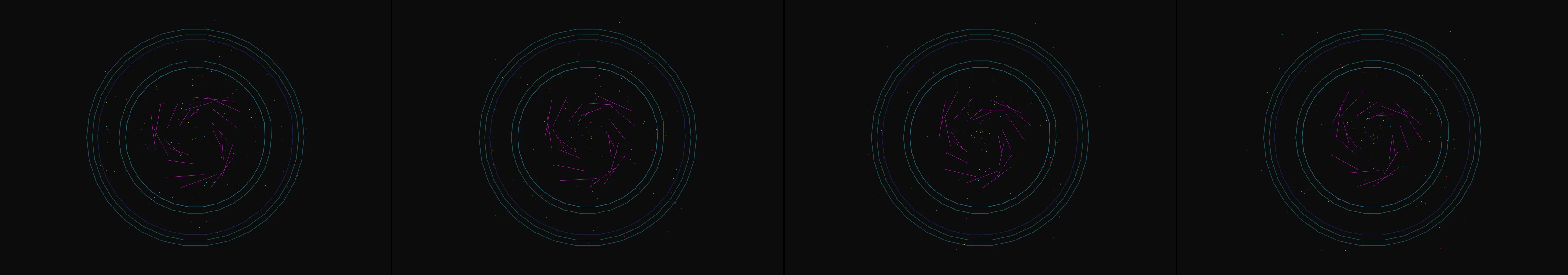 four frames from a jellyfish made of drifting sine waves under a synthetic pointer