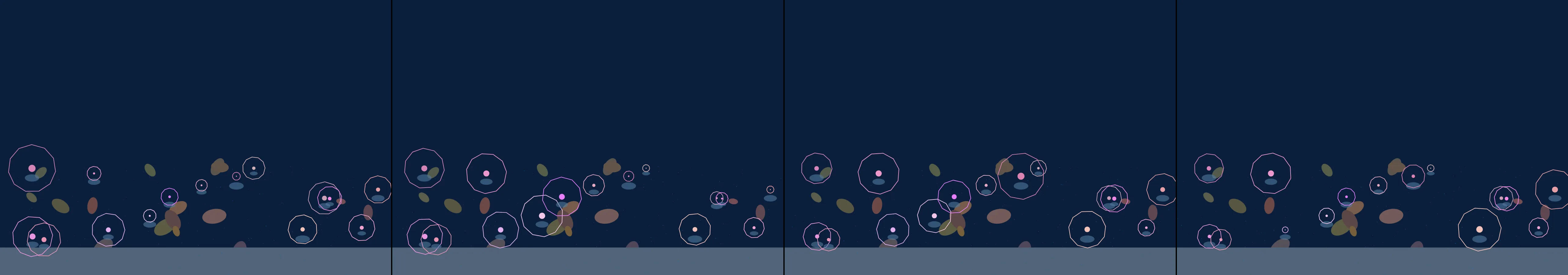 four frames from a tide pool where the anemones close when the mouse comes near under a synthetic pointer