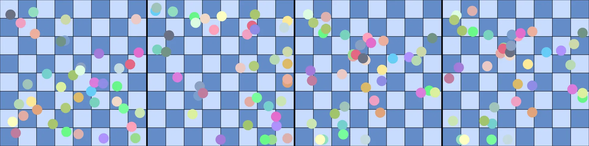 four frames from a chessboard whose pieces drift like boats on a tide under a synthetic pointer