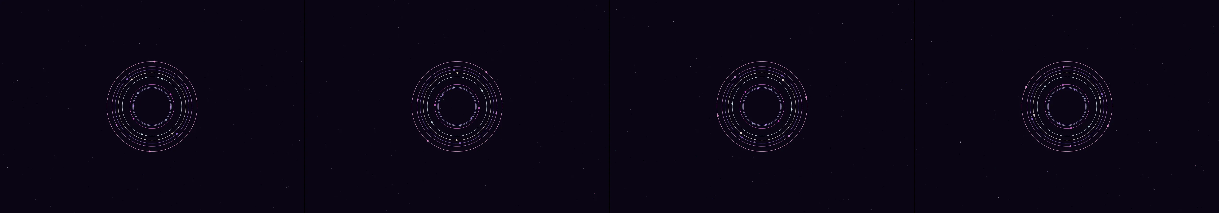four frames from a spirograph drawn by two planets orbiting each other under a synthetic pointer