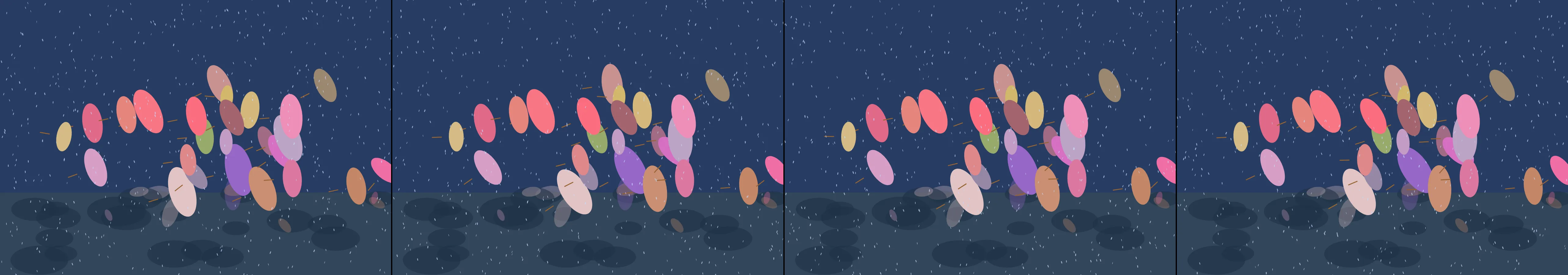 four frames from a crowd of umbrellas opening one by one as the rain starts under a synthetic pointer