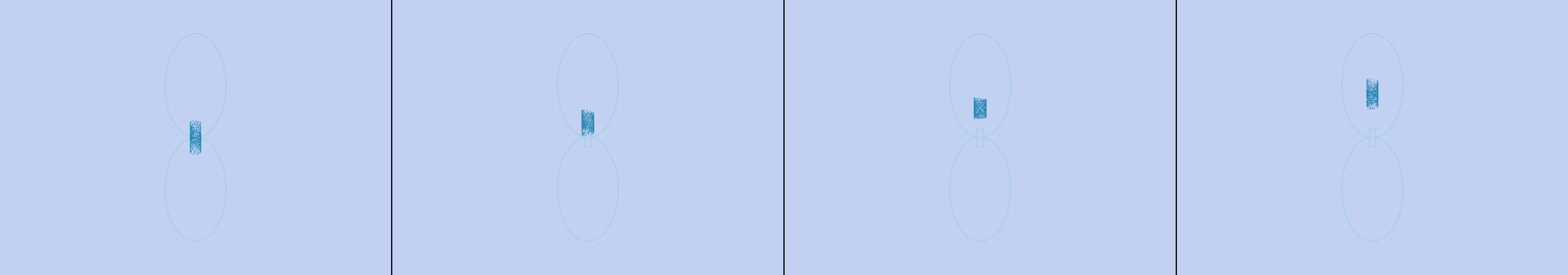 four frames from an hourglass where the sand falls upward under a synthetic pointer