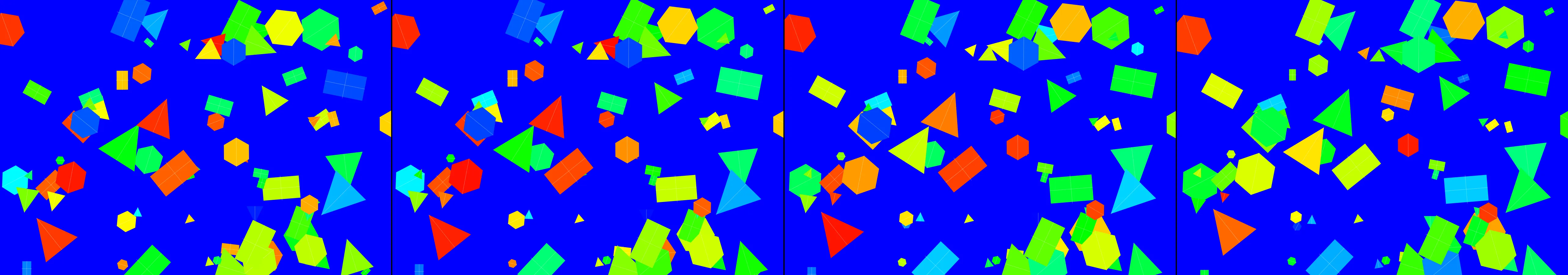 four frames from a quilt stitched from the colors of every hour in a day under a synthetic pointer