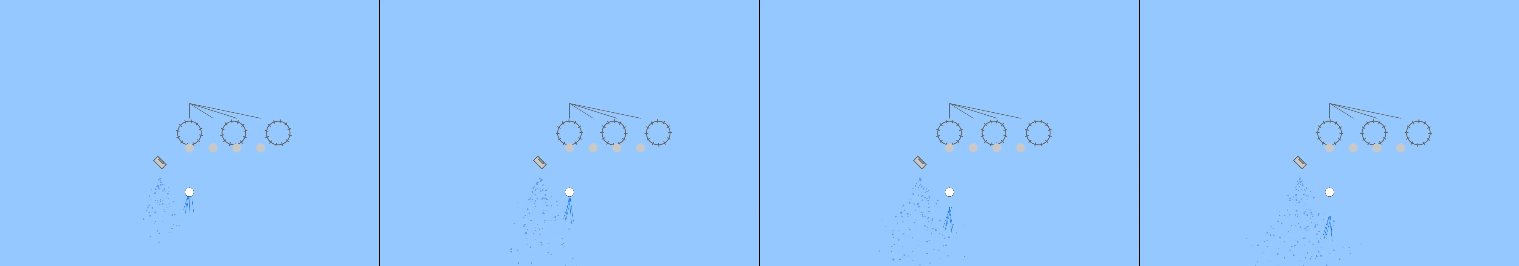 four frames from a Rube Goldberg machine whose only job is to water one flower under a synthetic pointer