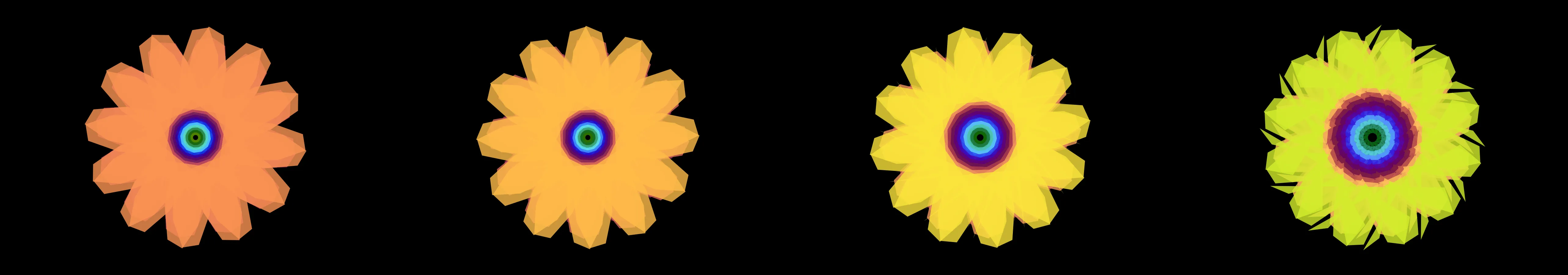four frames from a single hexagon that masks a hypnotic forward motion kaleidoscope under a synthetic pointer