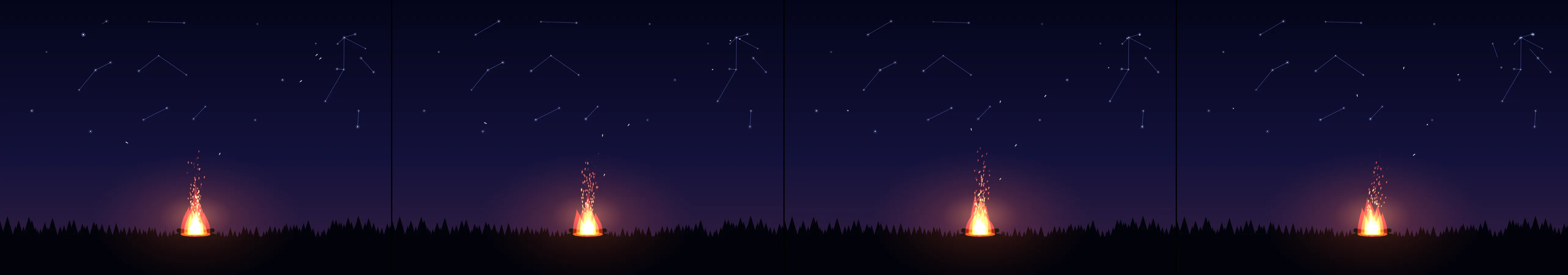 four frames from a campfire whose sparks drift up and become constellations under a synthetic pointer