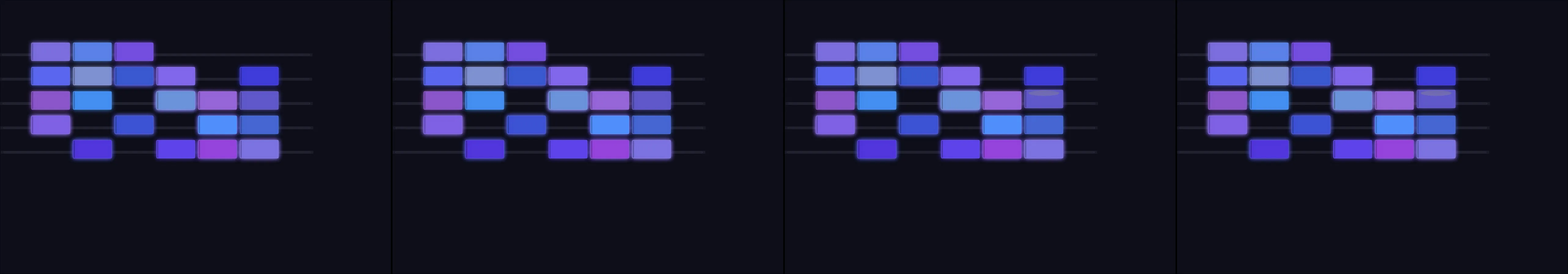 four frames from a lending library of light: shelves of glowing books that visitors borrow and return, and the shelf remembers who has what under a synthetic pointer