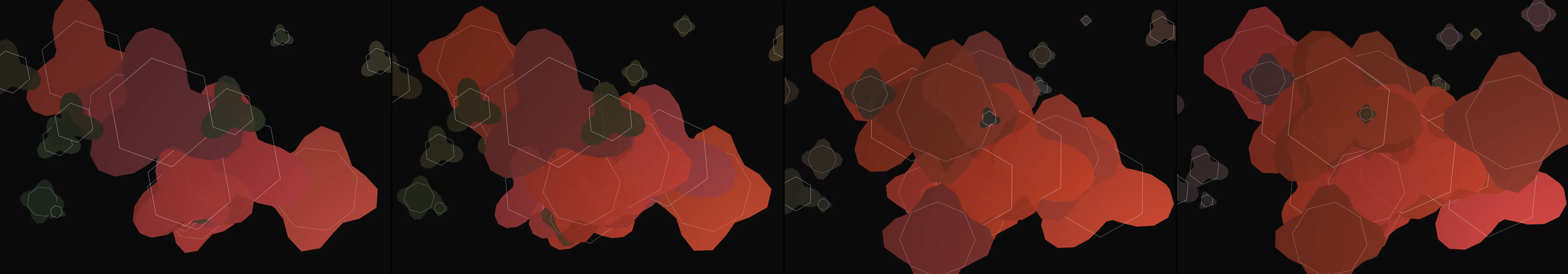 four frames from simulation of slime mold growth on a substrate rendered with a realistic 3D lighting effect revealing the structure's surface qualities under a synthetic pointer