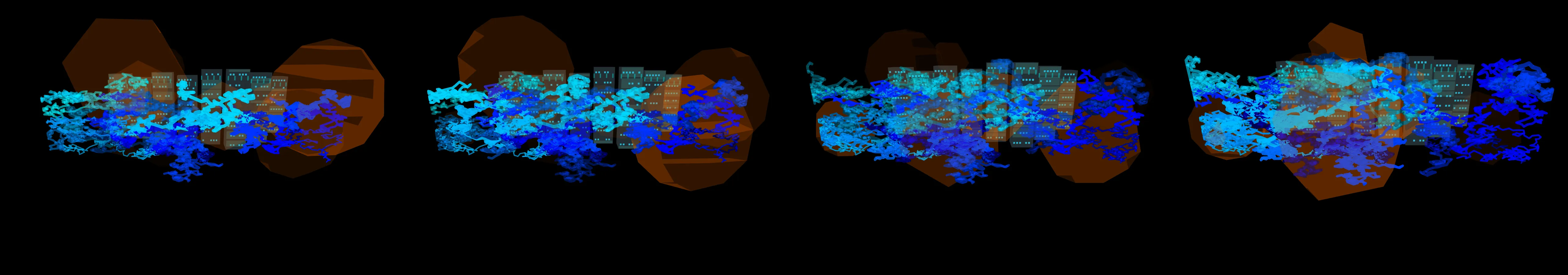 four frames from illustrate tensor flows inside the GPUs racked up inside a data center under a synthetic pointer