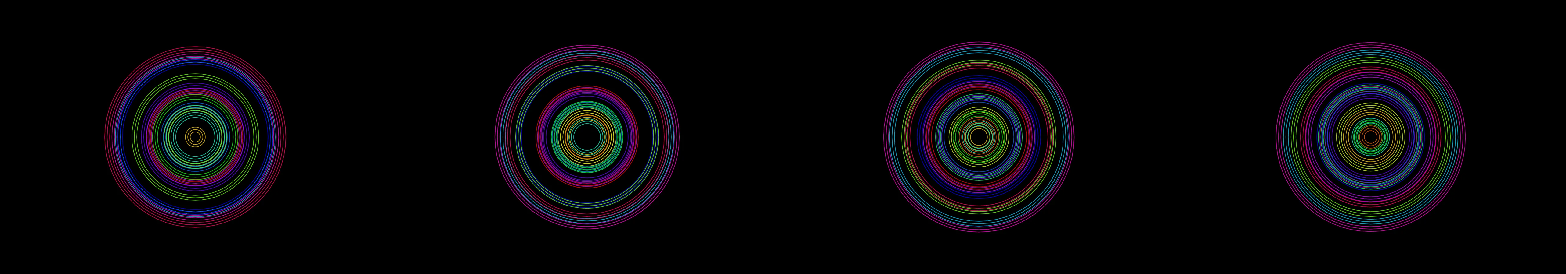 four frames from concentric circles in fluorescent colors pulse with elastic easing under a synthetic pointer