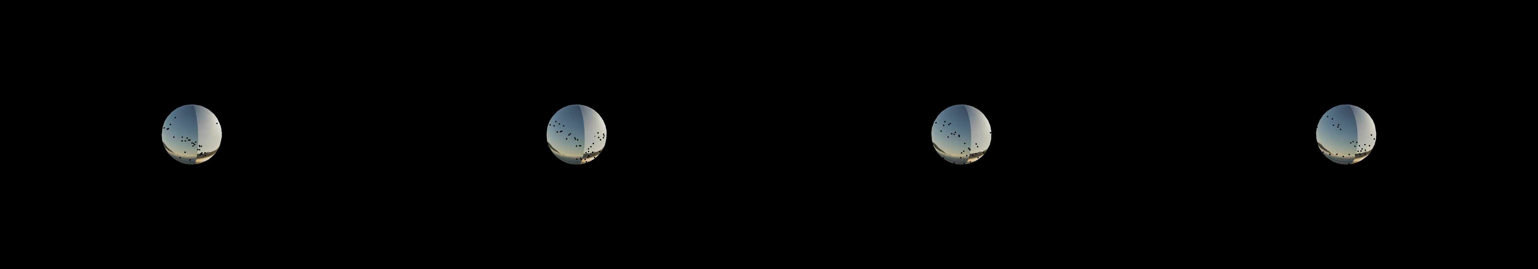 four frames from draw the Earth in 3D floating in space engulfed by a swarm of orbiting satellites under a synthetic pointer