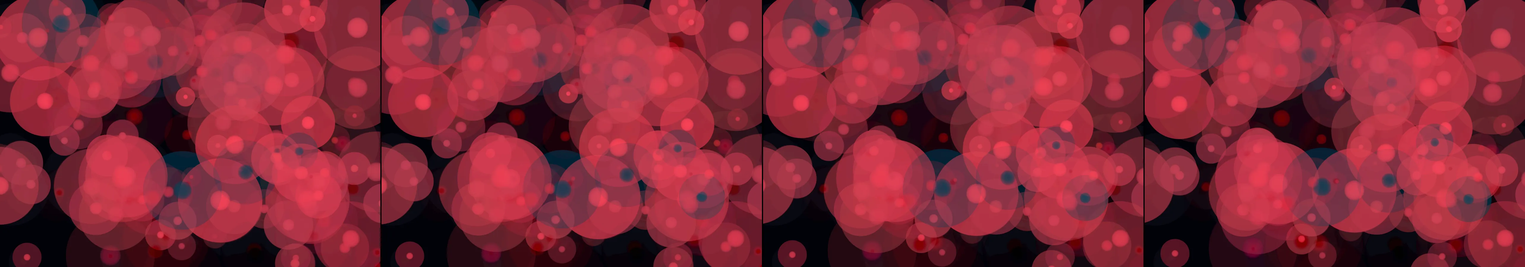 four frames from A slow tide of overlapping translucent circles rising from the bottom of a dark canvas, one cool hue. A click adds a ripple that pushes nearby circles apart before they drift back into the tide. under a synthetic pointer