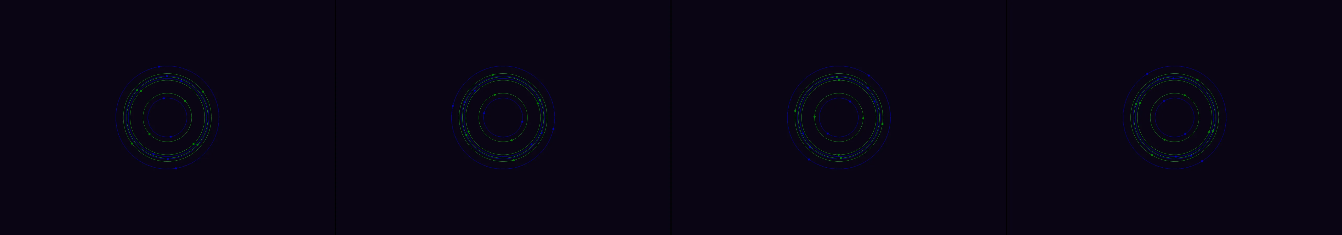 four frames from a spirograph drawn by two planets orbiting each other under a synthetic pointer