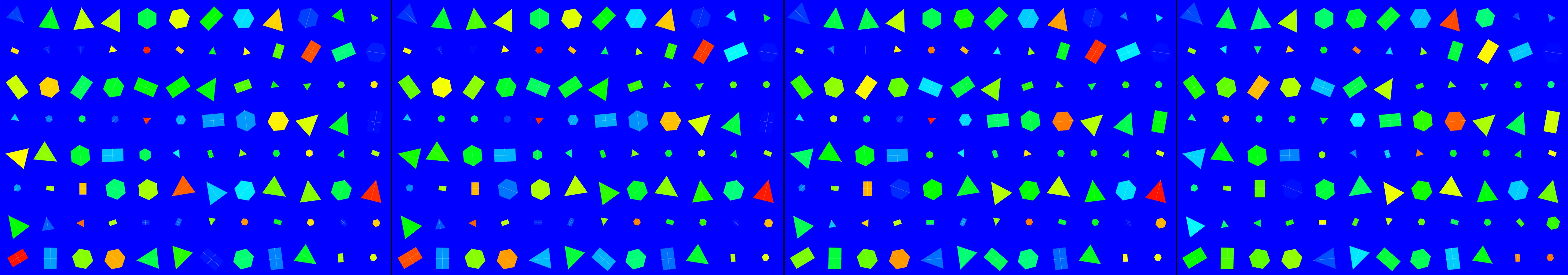 four frames from a quilt stitched from the colors of every hour in a day under a synthetic pointer