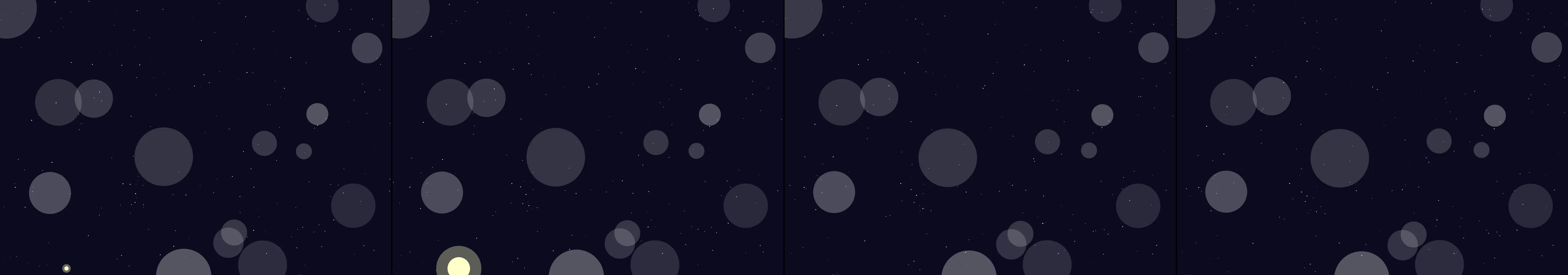 four frames from A slow tide of overlapping translucent circles rising from the bottom of a dark canvas, one cool hue. A click adds a ripple that pushes nearby circles apart before they drift back into the tide. under a synthetic pointer