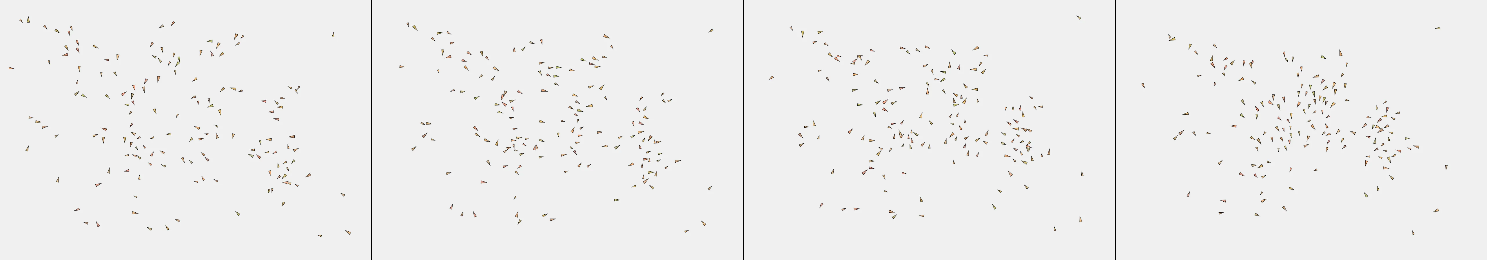 four frames from a flock of paper airplanes following the cursor like starlings under a synthetic pointer