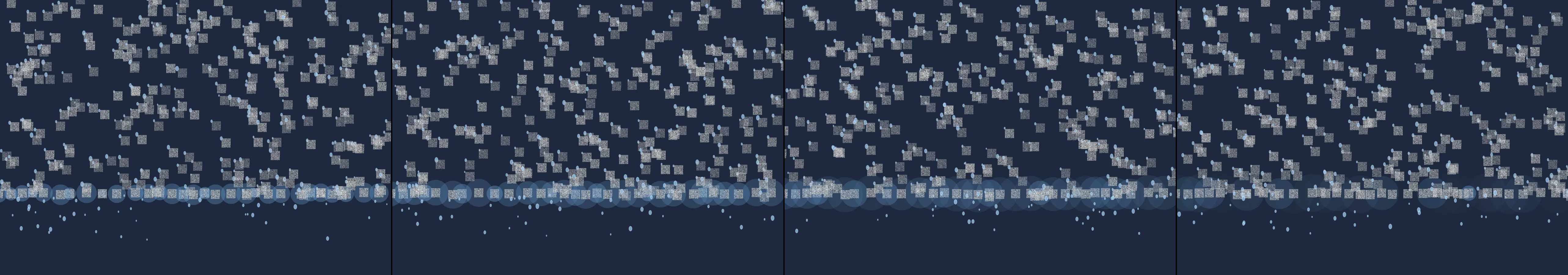 four frames from rain on a window where each drop holds a tiny upside-down city under a synthetic pointer