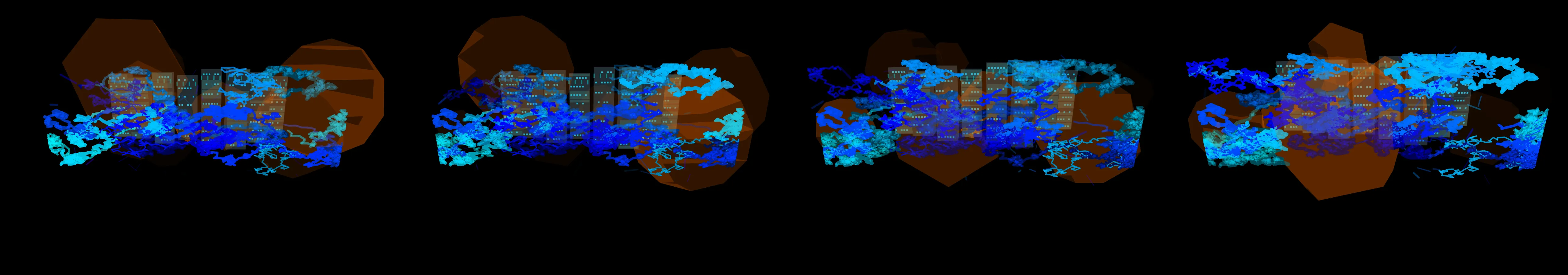 four frames from illustrate tensor flows inside the GPUs racked up inside a data center under a synthetic pointer
