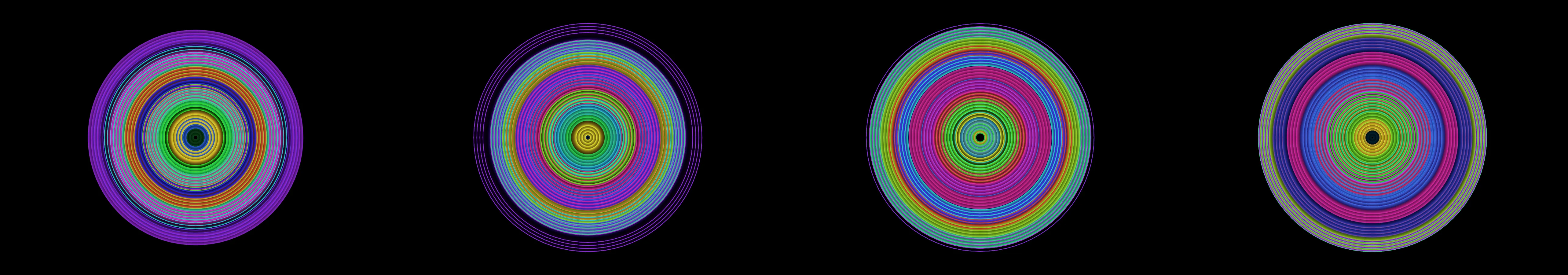 four frames from concentric circles in fluorescent colors pulse with elastic easing under a synthetic pointer