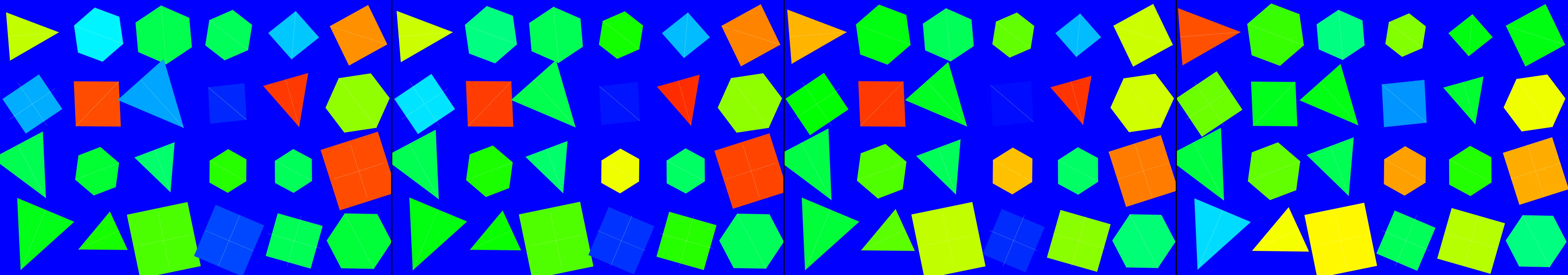 four frames from a quilt stitched from the colors of every hour in a day under a synthetic pointer