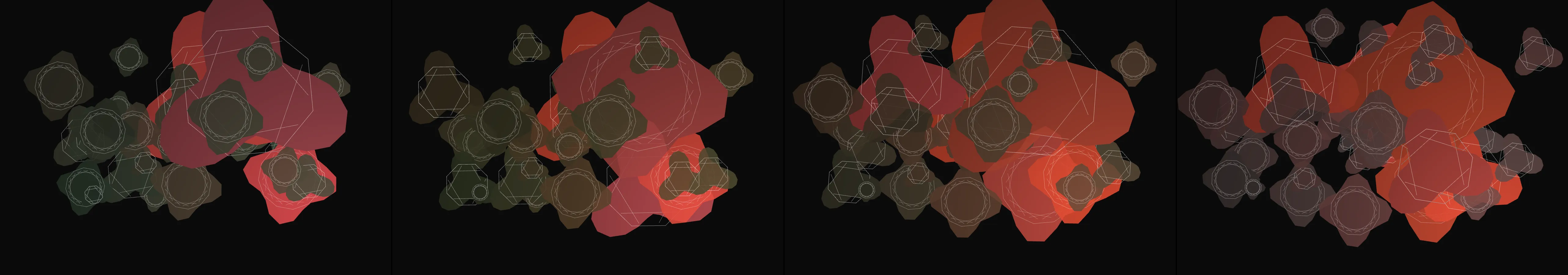 four frames from simulation of slime mold growth on a substrate rendered with a realistic 3D lighting effect revealing the structure's surface qualities under a synthetic pointer