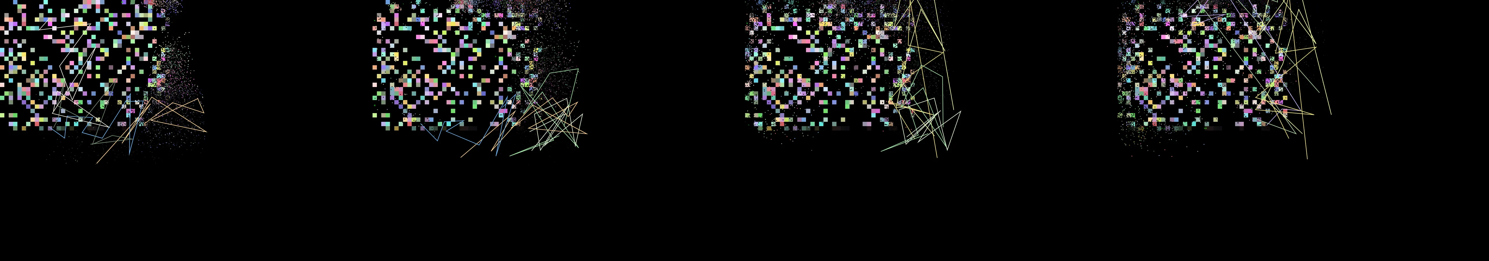 four frames from moss slowly reclaiming a grid of abandoned pixels under a synthetic pointer