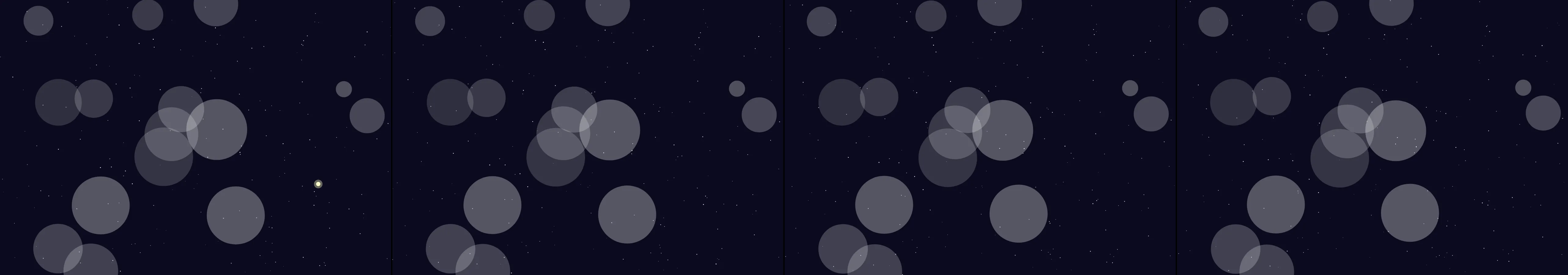 four frames from A slow tide of overlapping translucent circles rising from the bottom of a dark canvas, one cool hue. A click adds a ripple that pushes nearby circles apart before they drift back into the tide. under a synthetic pointer