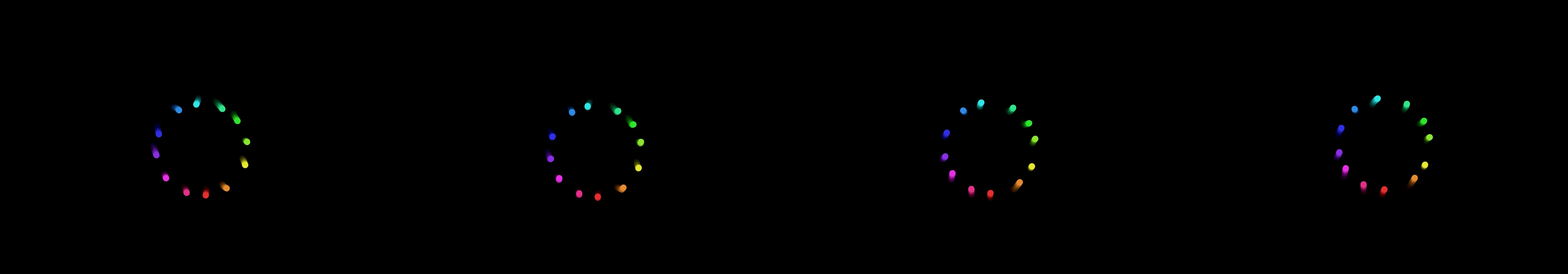 four frames from an orchestra of pendulums tuned to a pentatonic scale under a synthetic pointer