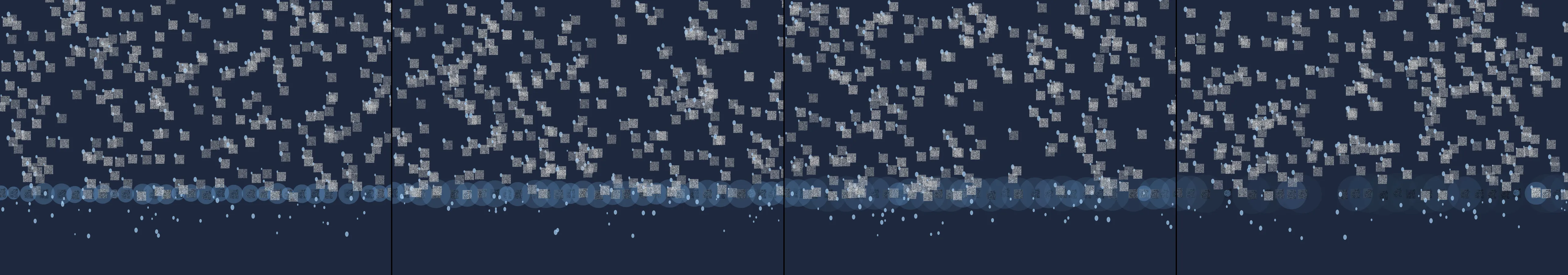 four frames from rain on a window where each drop holds a tiny upside-down city under a synthetic pointer