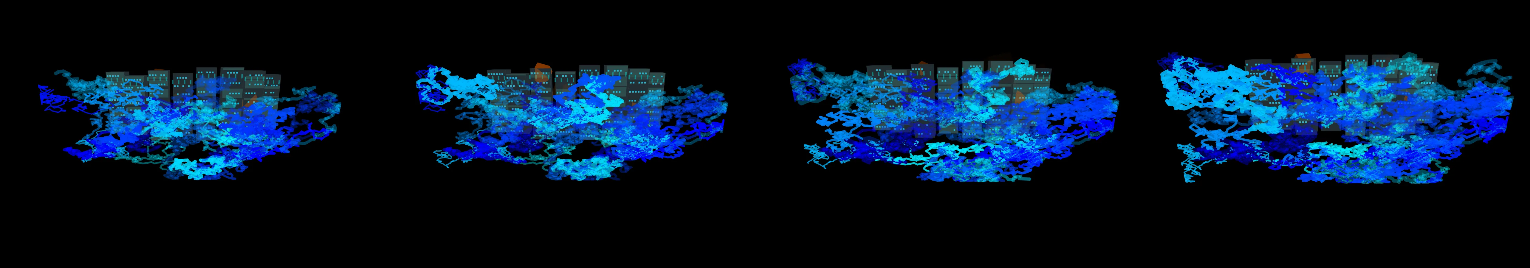 four frames from illustrate tensor flows inside the GPUs racked up inside a data center under a synthetic pointer