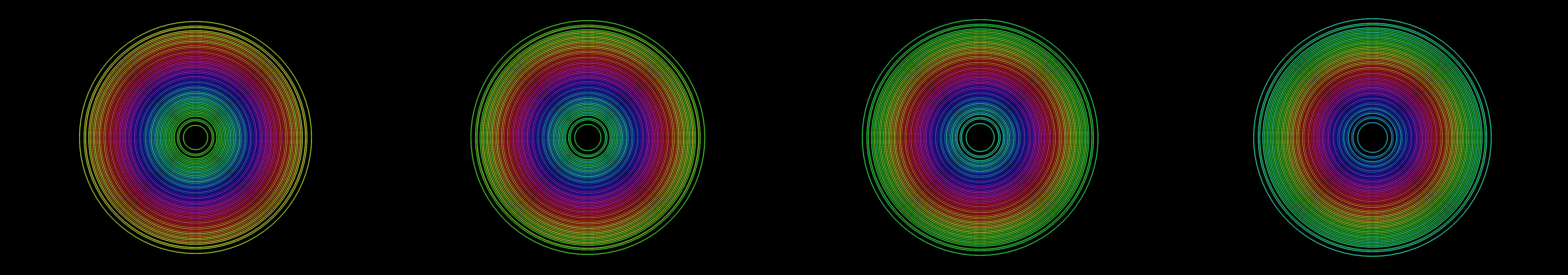 four frames from concentric circles in fluorescent colors pulse with elastic easing under a synthetic pointer