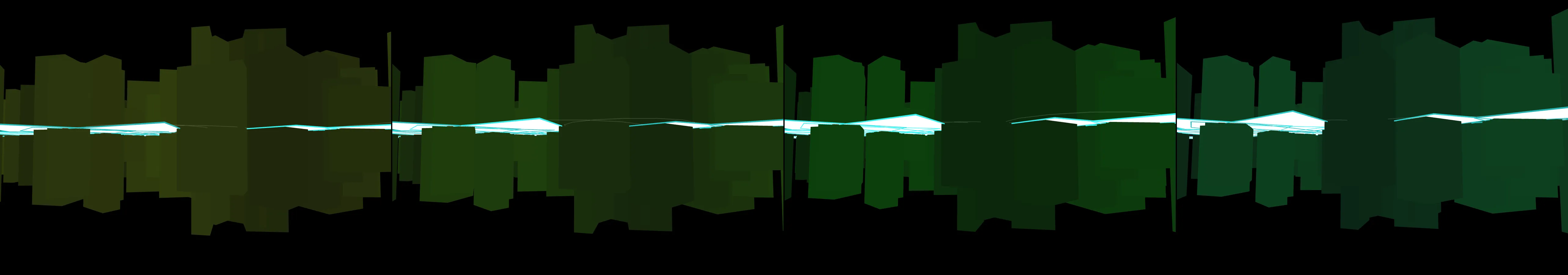four frames from a cityscape with a sunrise to sunset animation with some procedural elements that make the city feel inhabited under a synthetic pointer