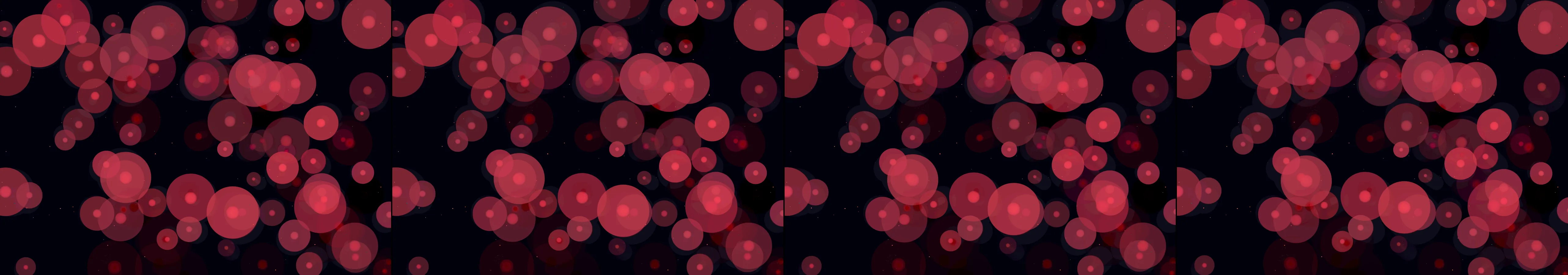 four frames from A slow tide of overlapping translucent circles rising from the bottom of a dark canvas, one cool hue. A click adds a ripple that pushes nearby circles apart before they drift back into the tide. under a synthetic pointer