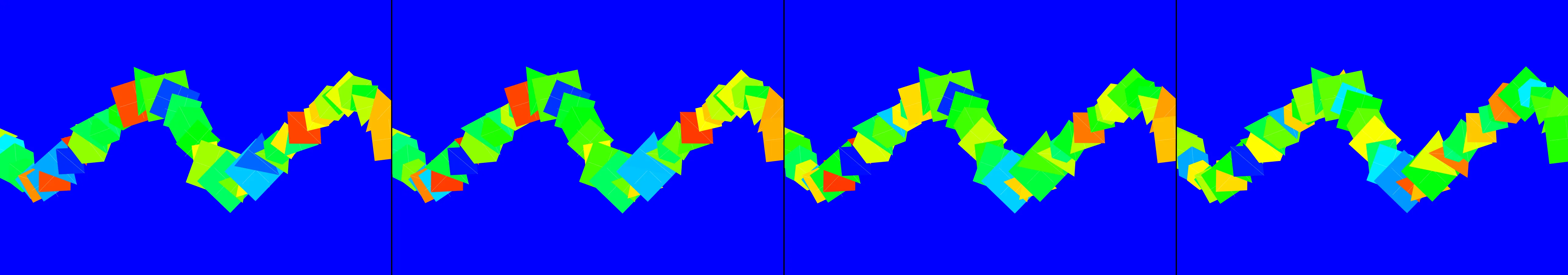 four frames from a quilt stitched from the colors of every hour in a day under a synthetic pointer