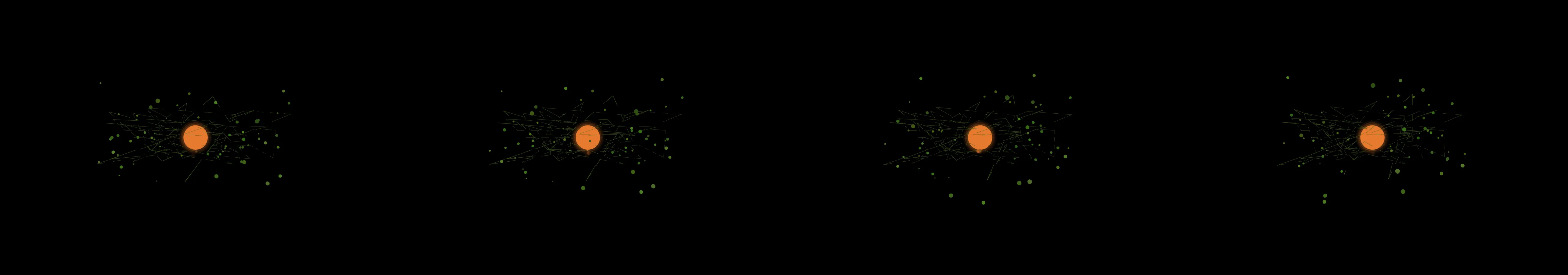 four frames from steampunk globe splines orbiting around a fire burning in a rotating cube under a synthetic pointer
