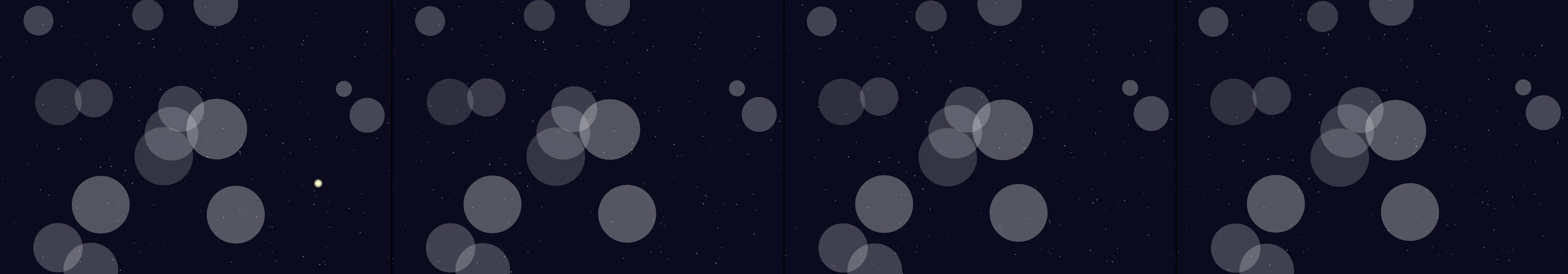 four frames from A slow tide of overlapping translucent circles rising from the bottom of a dark canvas, one cool hue. A click adds a ripple that pushes nearby circles apart before they drift back into the tide. under a synthetic pointer