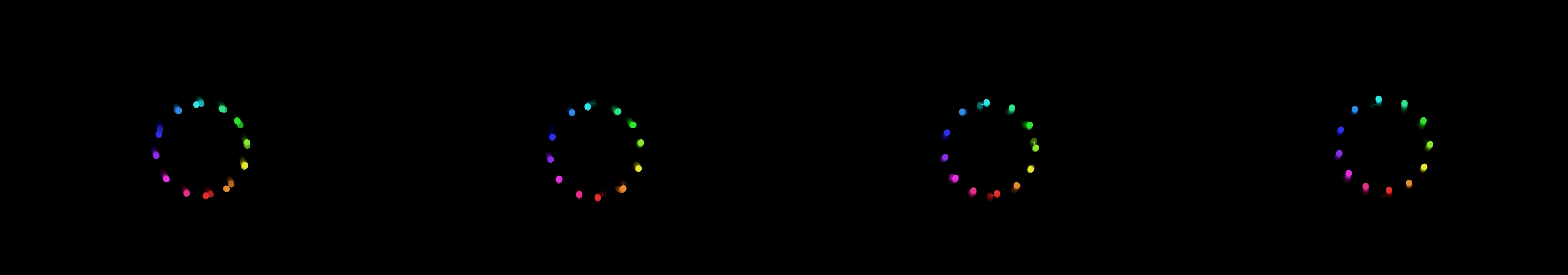 four frames from an orchestra of pendulums tuned to a pentatonic scale under a synthetic pointer