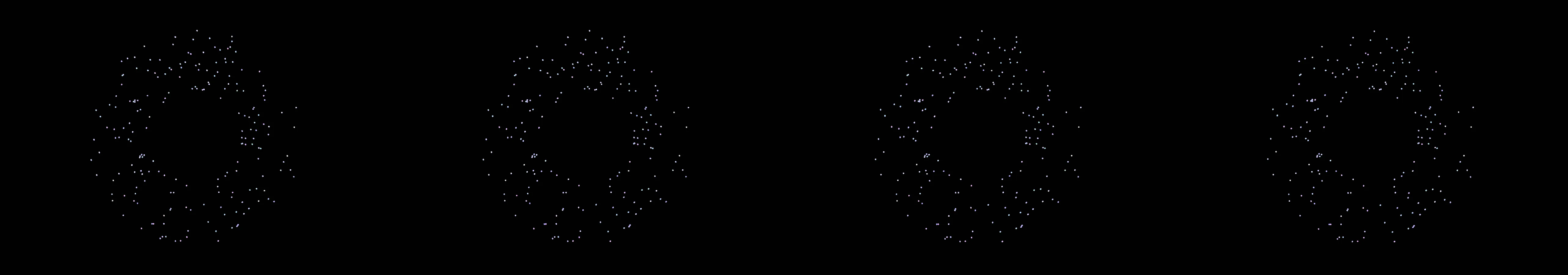 four frames from a demonstration of centripetal force under a synthetic pointer