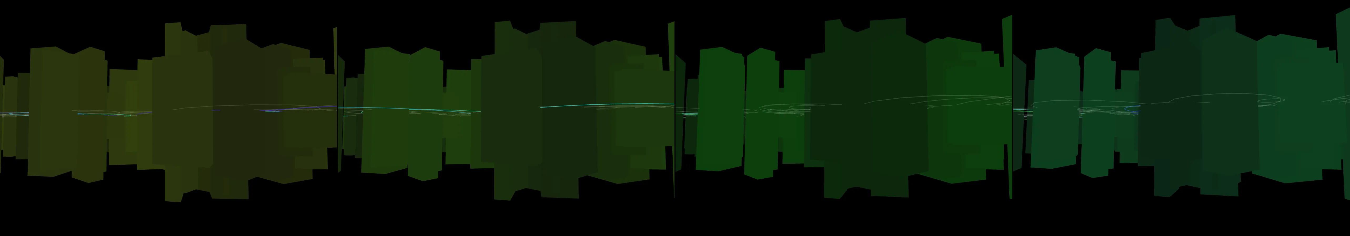 four frames from a cityscape with a sunrise to sunset animation with some procedural elements that make the city feel inhabited under a synthetic pointer