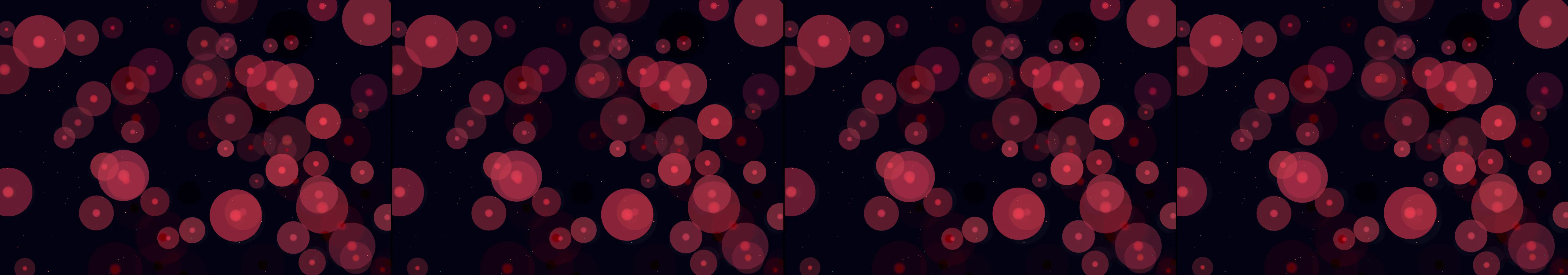 four frames from A slow tide of overlapping translucent circles rising from the bottom of a dark canvas, one cool hue. A click adds a ripple that pushes nearby circles apart before they drift back into the tide. under a synthetic pointer