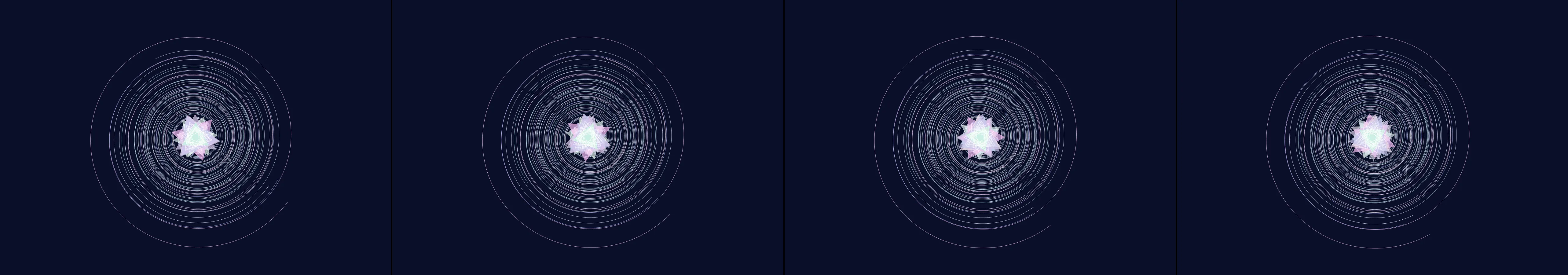 four frames from a spirograph drawn by two planets orbiting each other under a synthetic pointer