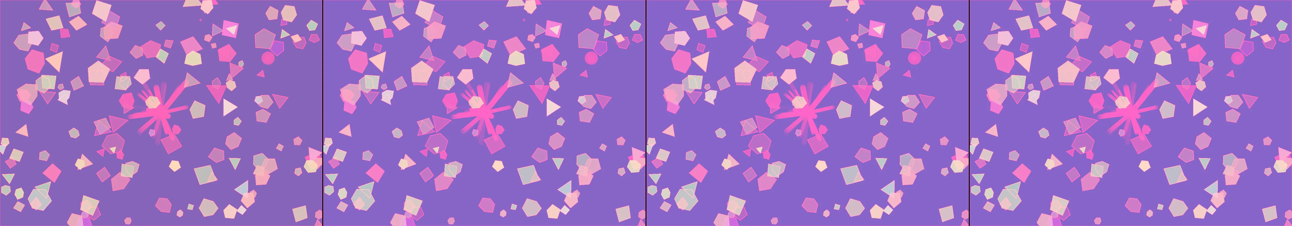 four frames from a stained-glass window as the light moves through a whole day under a synthetic pointer