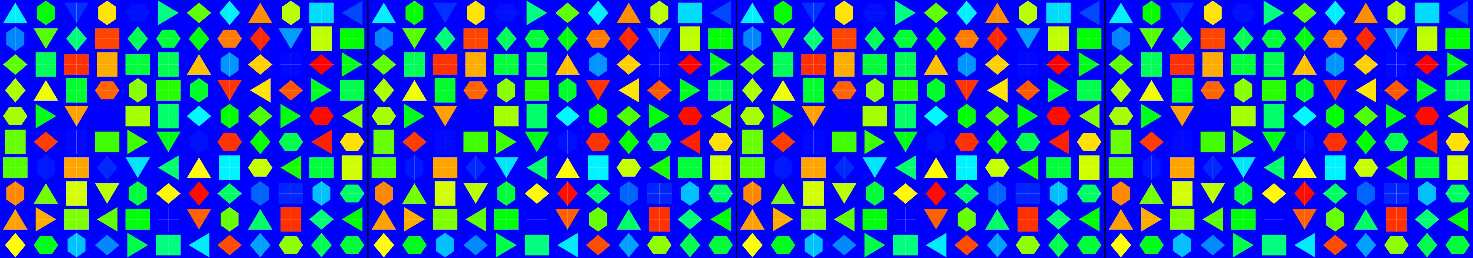 four frames from a quilt stitched from the colors of every hour in a day under a synthetic pointer