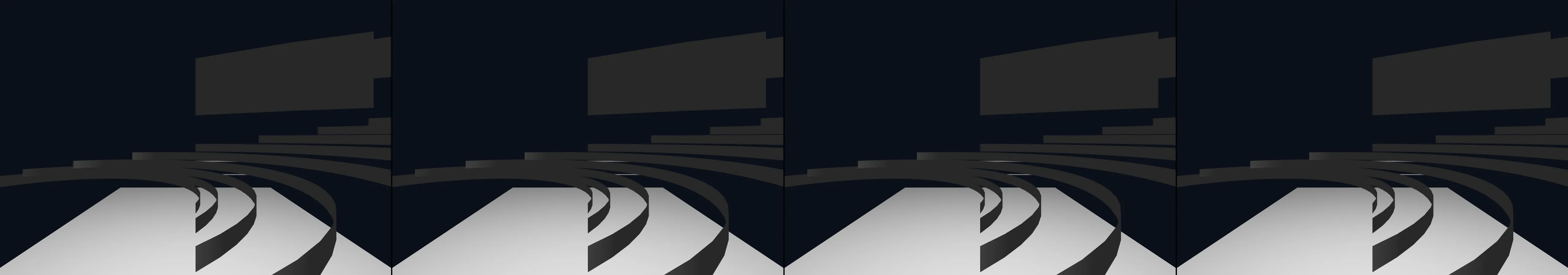 four frames from study the "Torqued Ellipses` by Richard Serra and then build a 3D model of an example and place it in the interior of a large interior liminal space. Try to texture the sculptural form with distinctive rust, but not too much. under a synthetic pointer