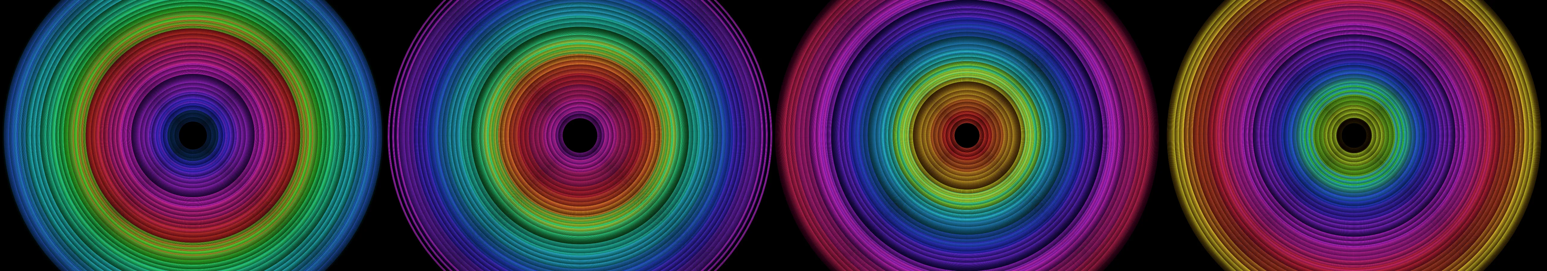 four frames from concentric circles in fluorescent colors pulse with elastic easing under a synthetic pointer