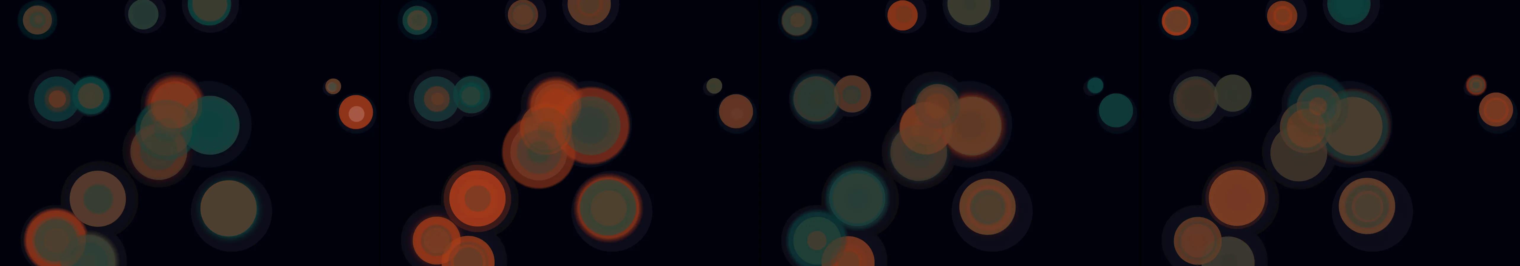 four frames from A slow tide of overlapping translucent circles rising from the bottom of a dark canvas, one cool hue. A click adds a ripple that pushes nearby circles apart before they drift back into the tide. under a synthetic pointer