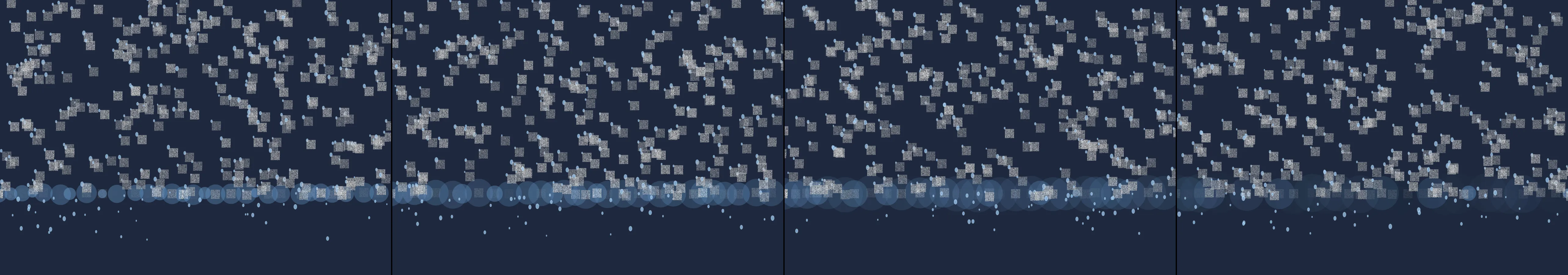 four frames from rain on a window where each drop holds a tiny upside-down city under a synthetic pointer