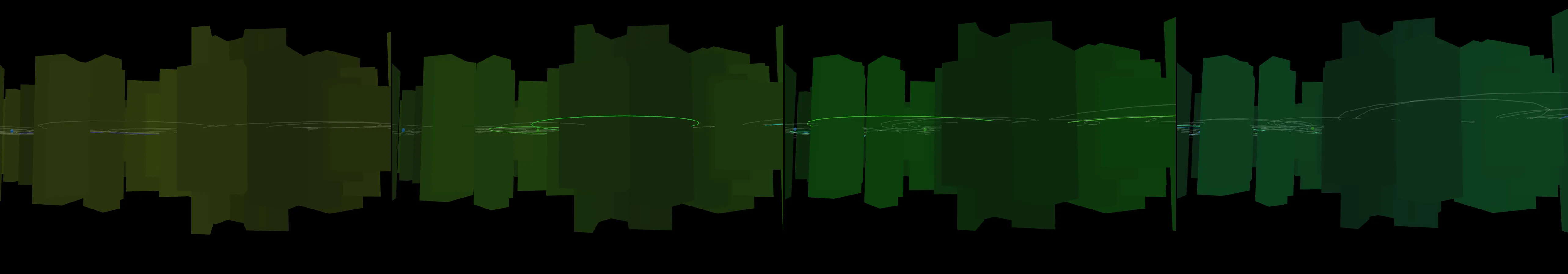 four frames from a cityscape with a sunrise to sunset animation with some procedural elements that make the city feel inhabited under a synthetic pointer