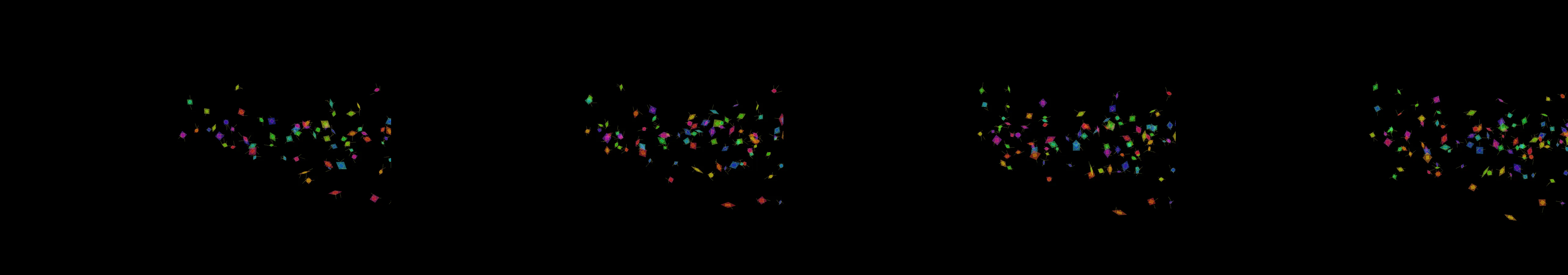four frames from dominoes falling in a spiral that never reaches the center under a synthetic pointer
